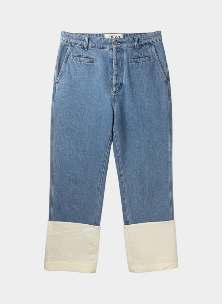 Blue Denim Straight-Leg Jeans with Contrast Canvas Cuffs