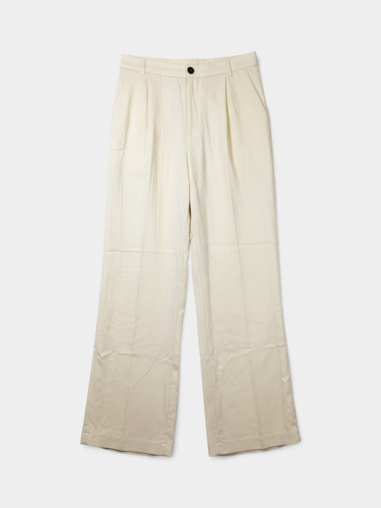 Ivory Wide-Leg Pleated Trousers With Cuffed Hem