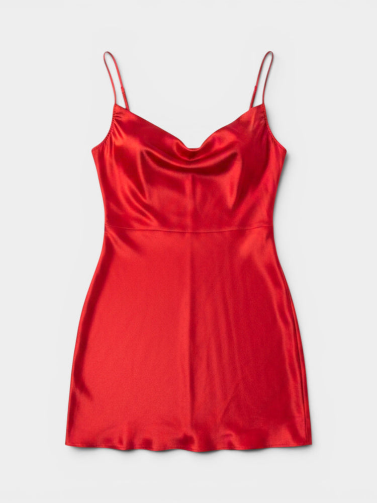 Red Satin Cowl Neck Slip Mini Dress