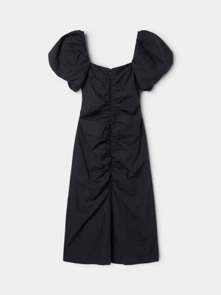 Black Puff Sleeve Ruched Midi Dress