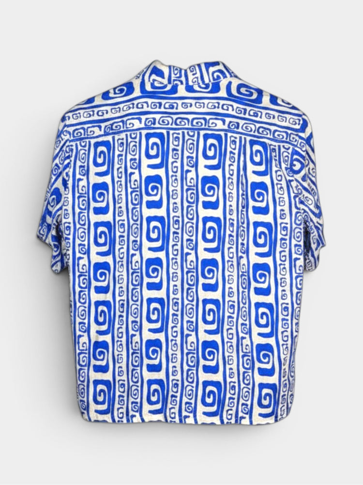 Blue Geometric Print Linen Camp Shirt