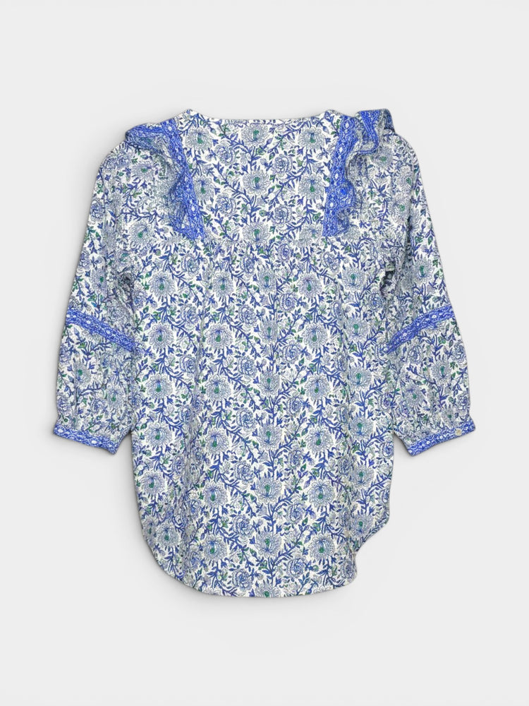 Blue Floral Lace-Trim Cotton Blouse