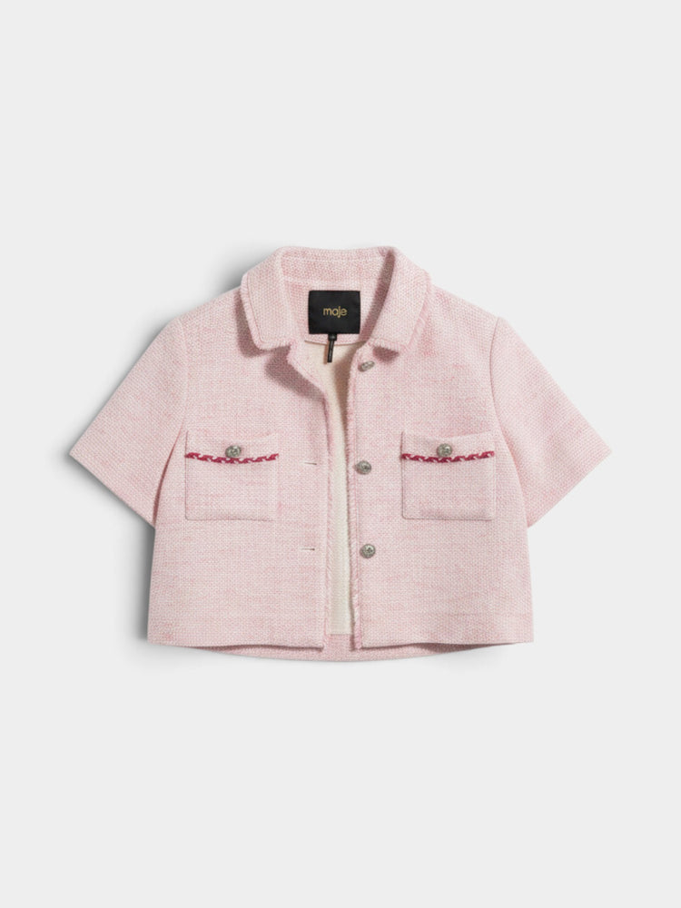 Pink Tweed Cropped Short-Sleeve Jacket