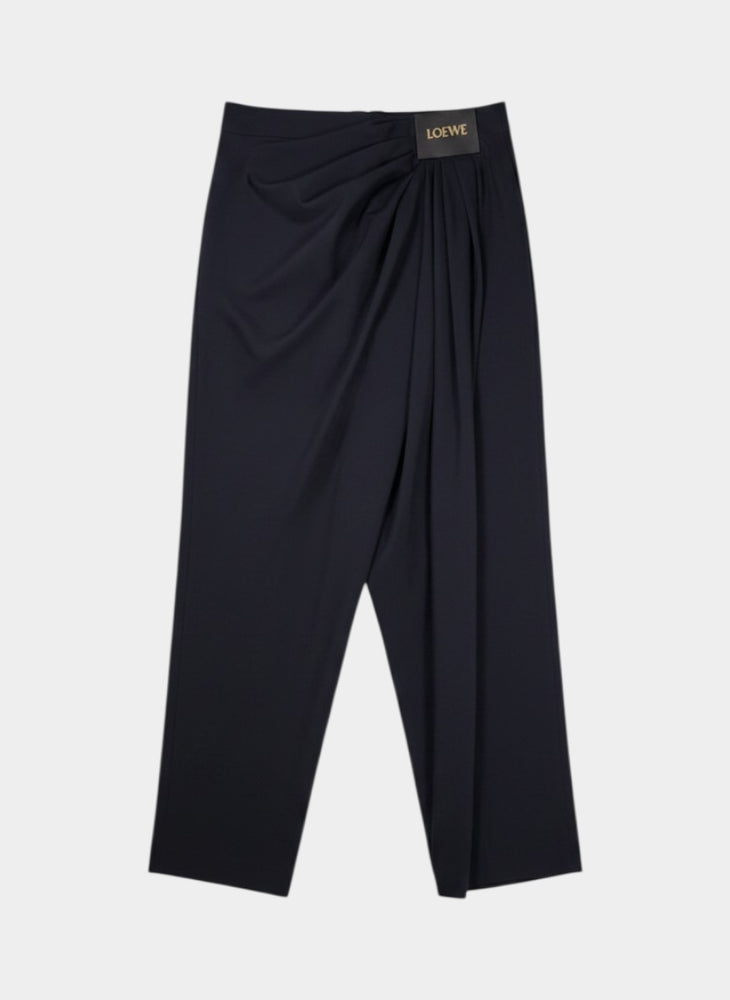Navy Wool Draped Wide-Leg Trousers