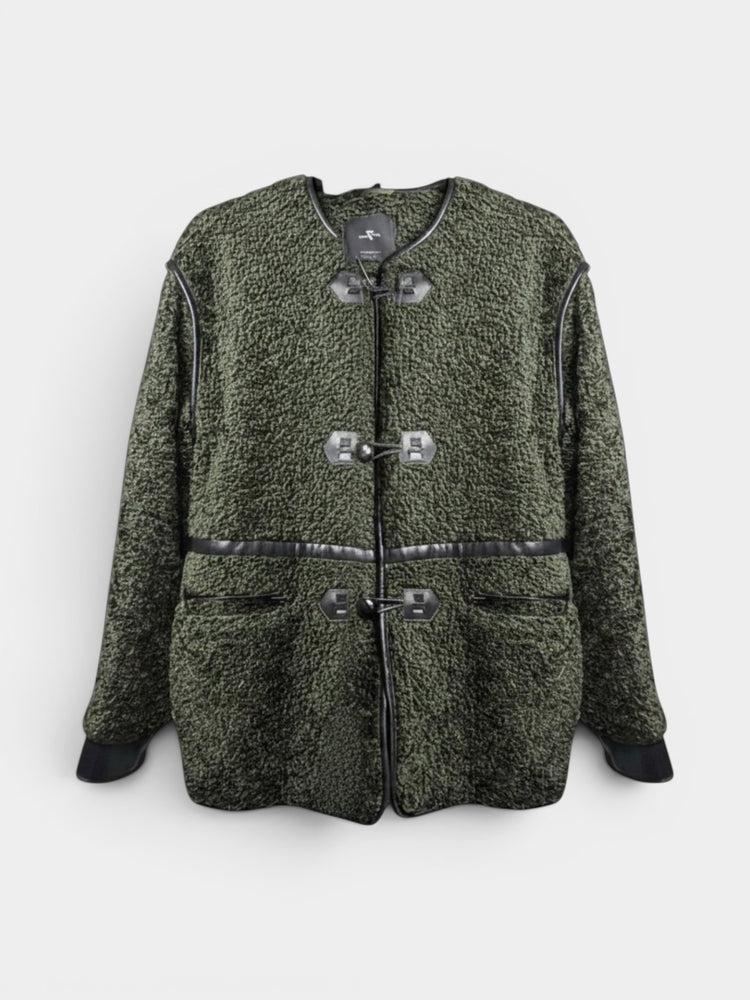Green Bouclé Fleece Jacket with Black Leather Trim Toggle Closures