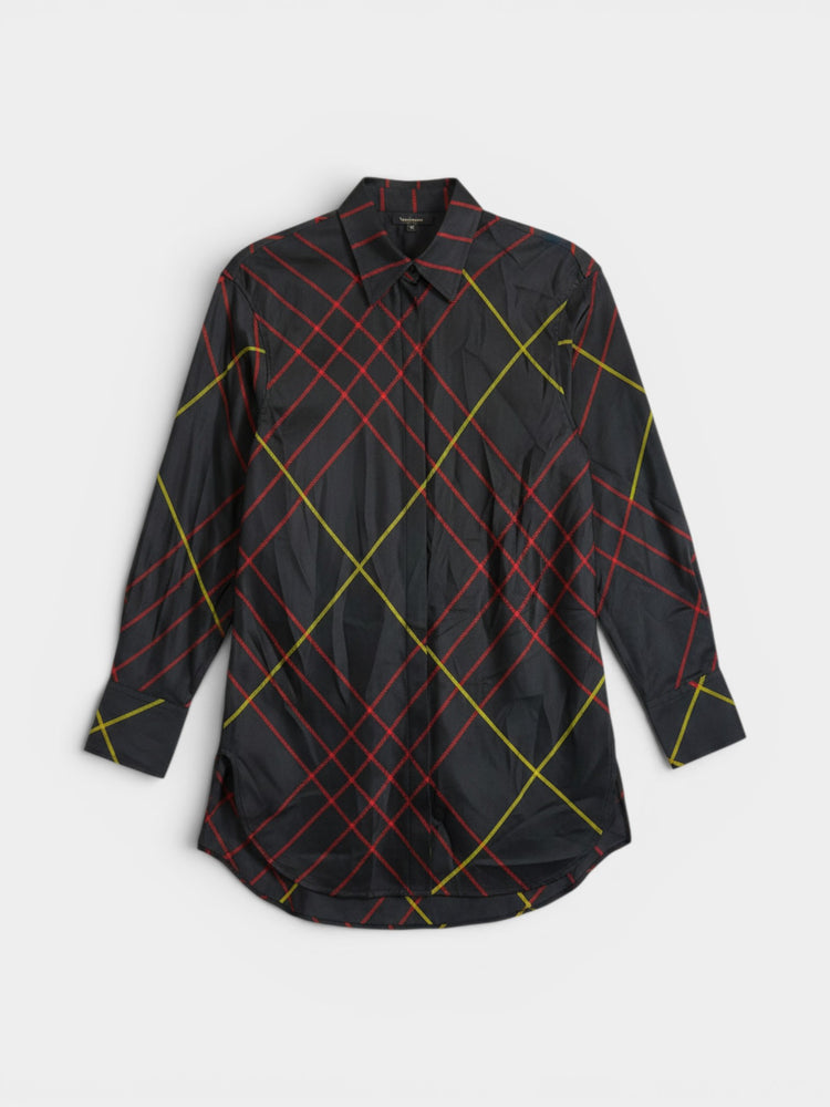 Black Silk Diagonal Plaid Oversized Button-Down Shirt