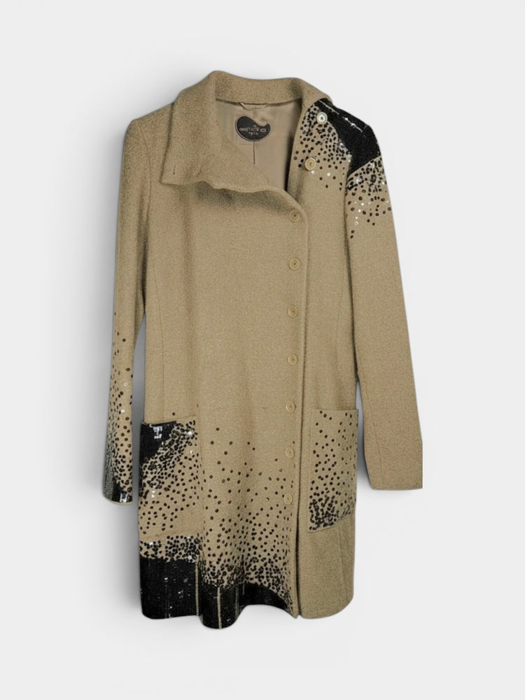 Beige Wool Sequin Embroidered Long Coat