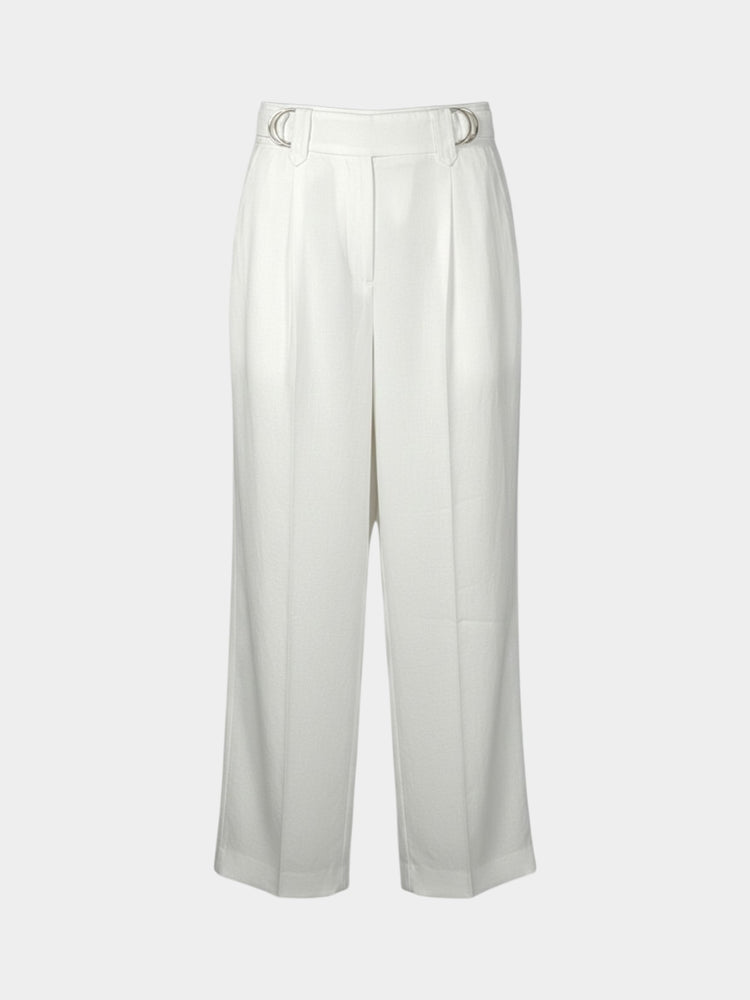 Ivory Linen Wide-Leg Pleated Trousers