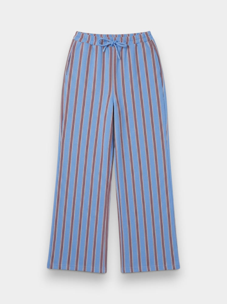 Blue Striped Wide-Leg Drawstring Trousers