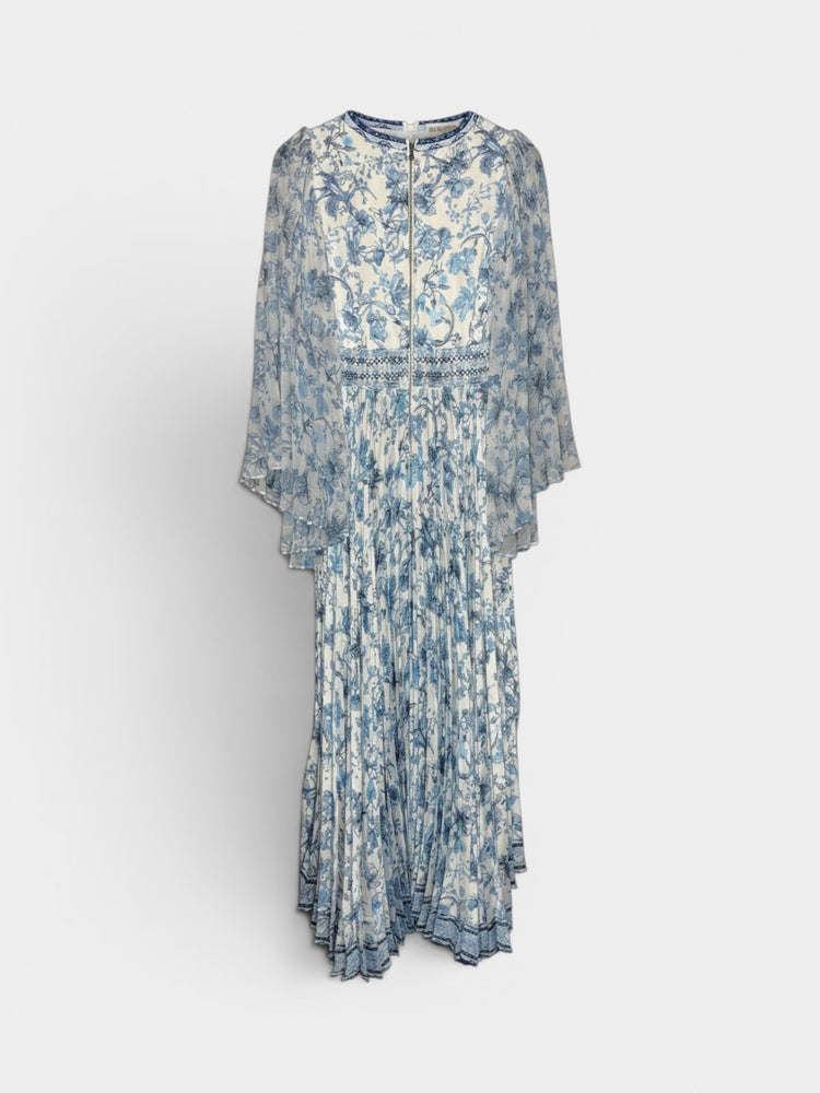 Ivory Blue Toile Floral Maxi Dress with Flutter Sleeves