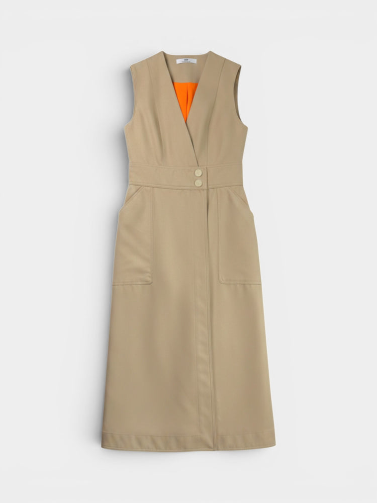 Beige Midi Dress with Orange Lining