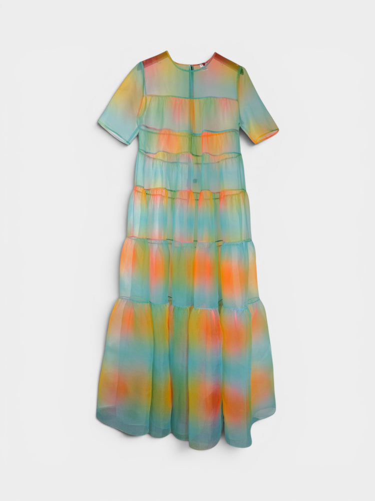 Sheer Tiered Maxi Dress in Watercolor Ombre Print