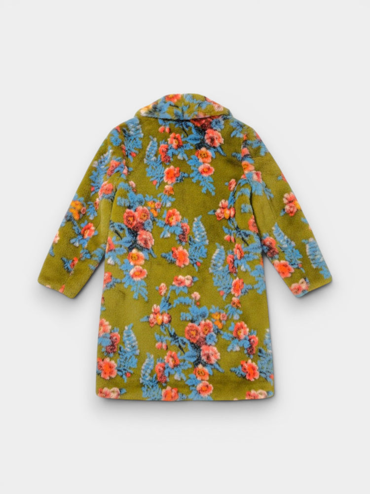 Uterqüe Olive Green Floral Faux Fur Longline Coat