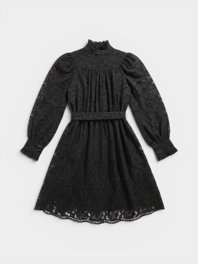 Black Floral Lace Mock-Neck Mini Dress
