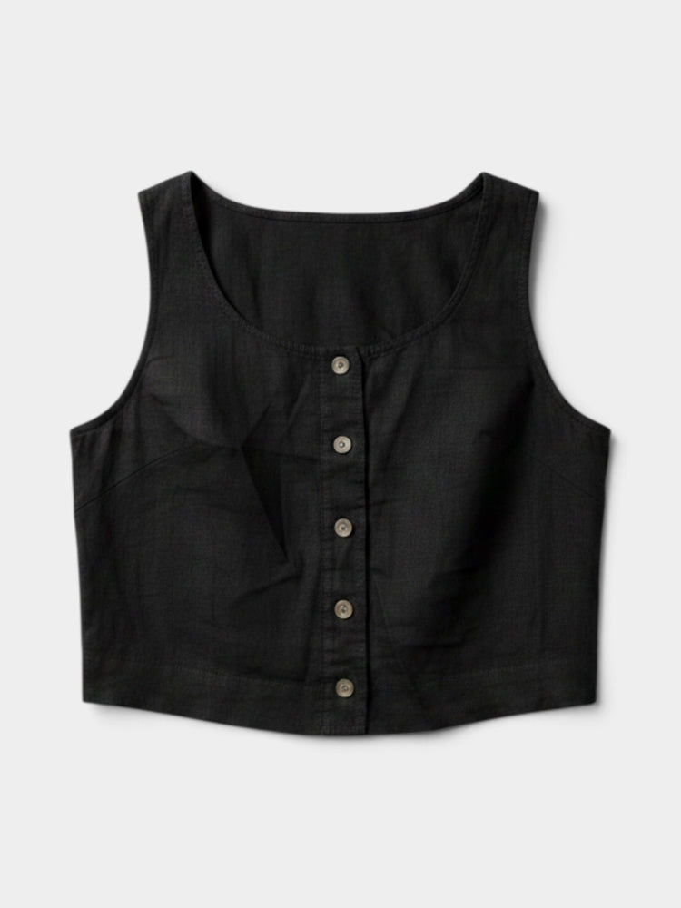 Black Linen Button-Front Sleeveless Crop Top