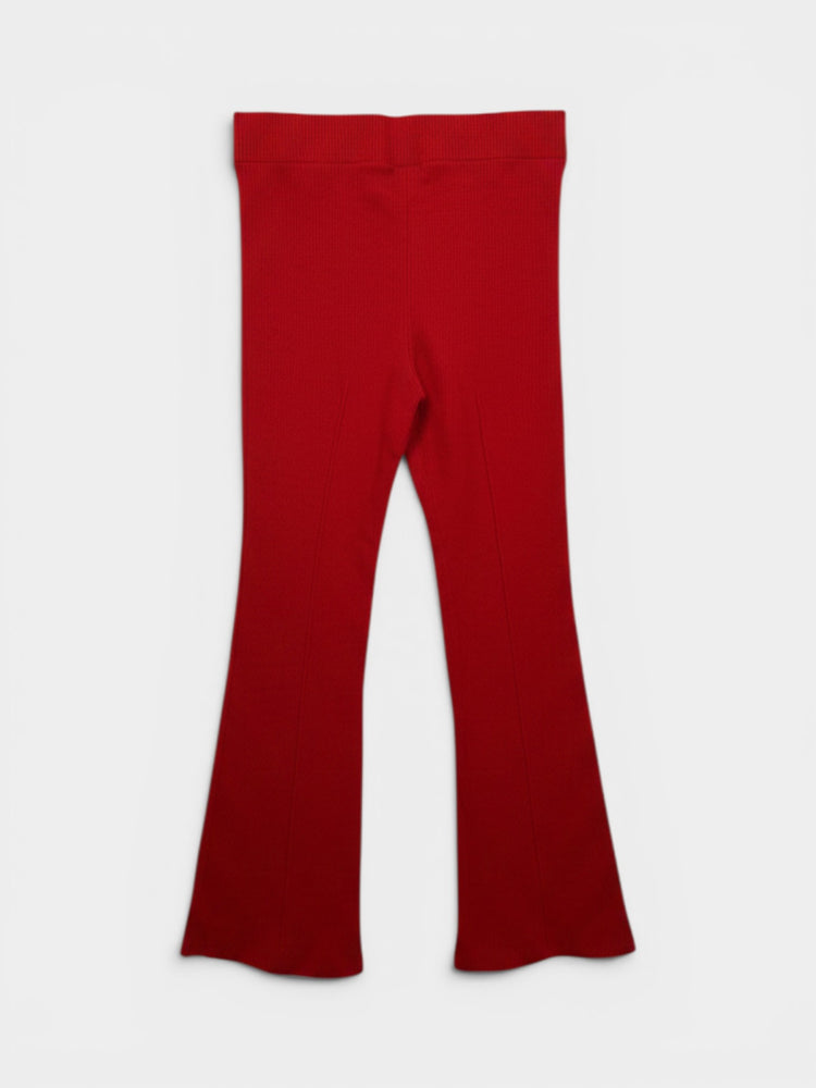 Red Ribbed Knit Flare Pants