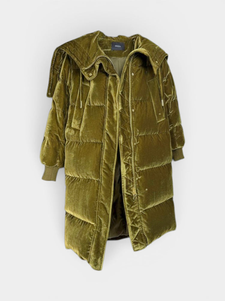 Olive Velvet Long Quilted Puffer Coat