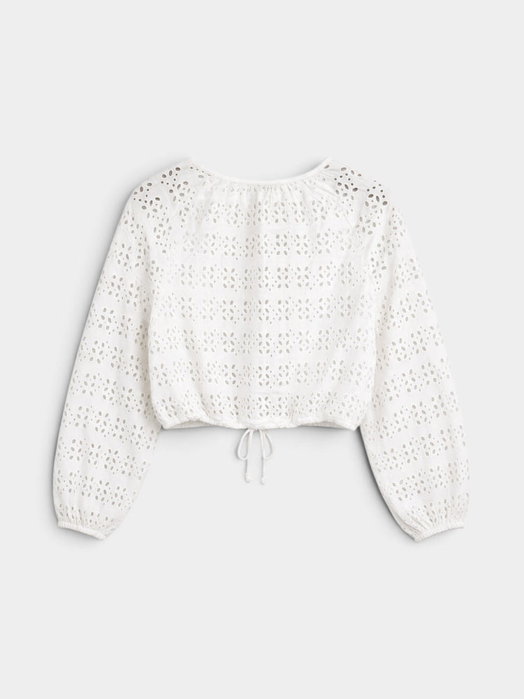 Long-Sleeve Linen-Blend Cropped Top in Eyelet