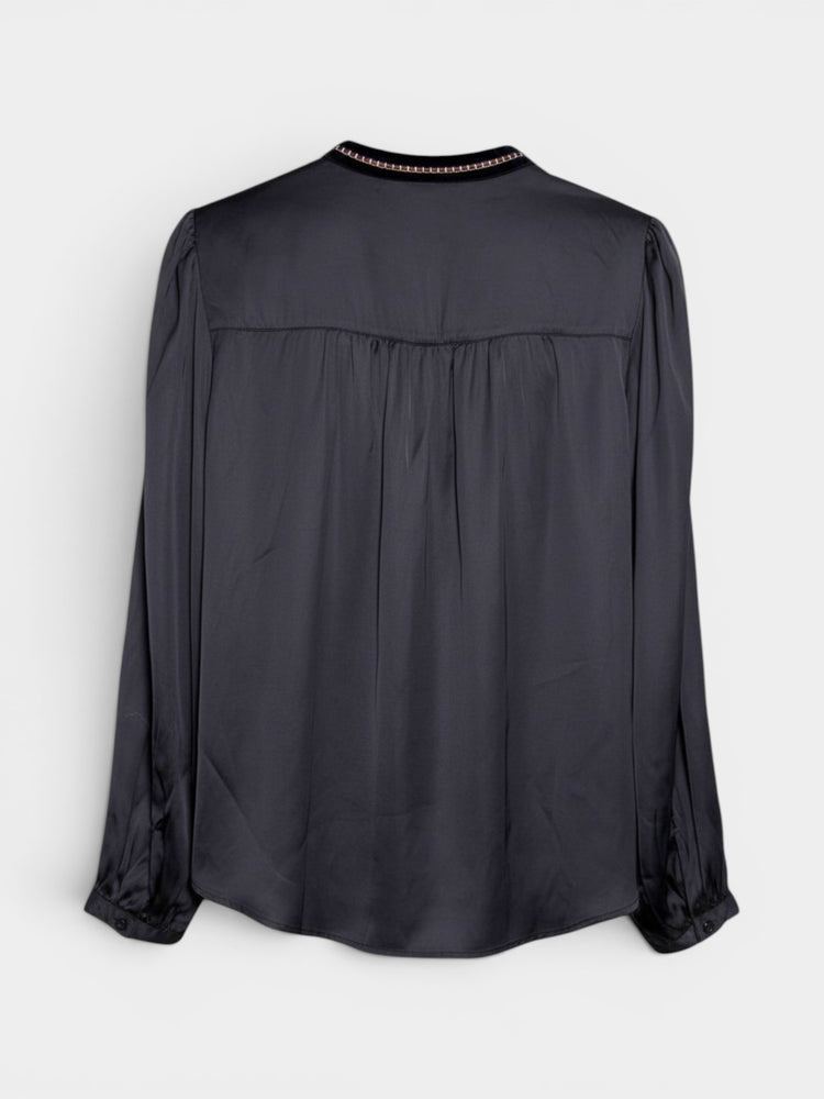 Navy Satin Embellished Yoke Boho Blouse