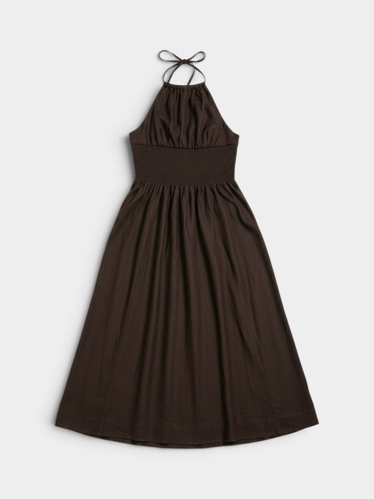 Brown Halter Maxi Dress with Smocked Waist
