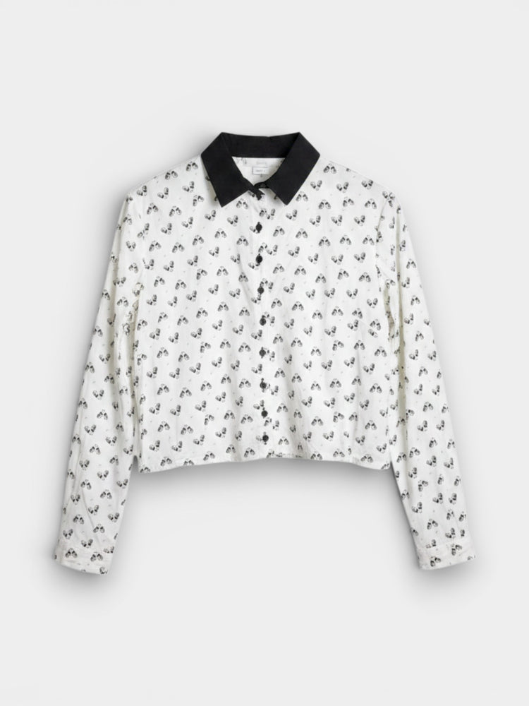 Ivory Cropped Button-Front Printed Blouse