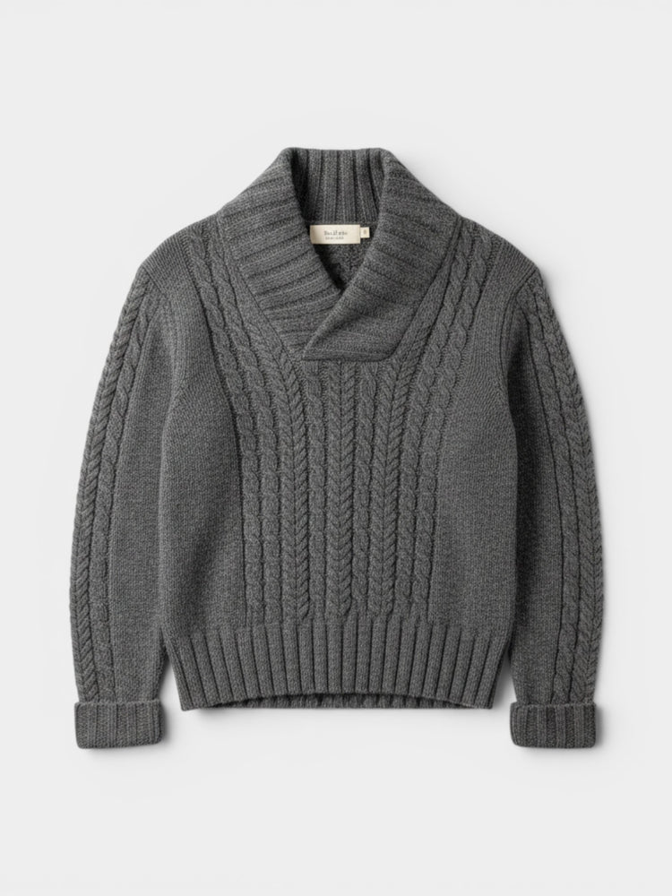 Gray Cable Knit Shawl Collar Wool Sweater