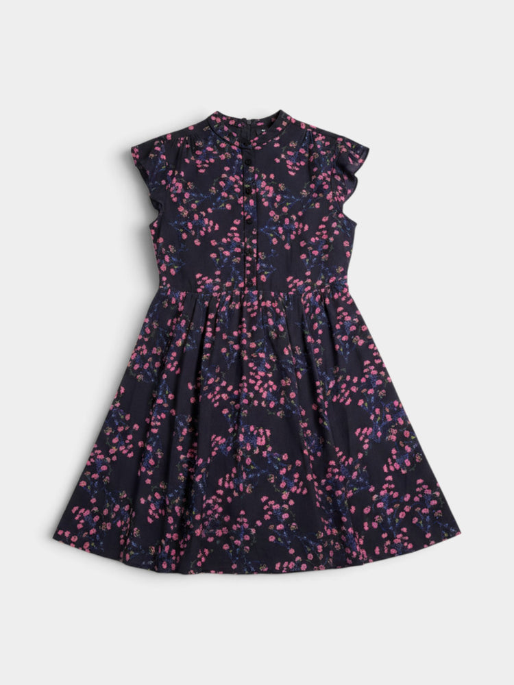 Navy Silk Floral Flutter Sleeve Fit-and-Flare Dress