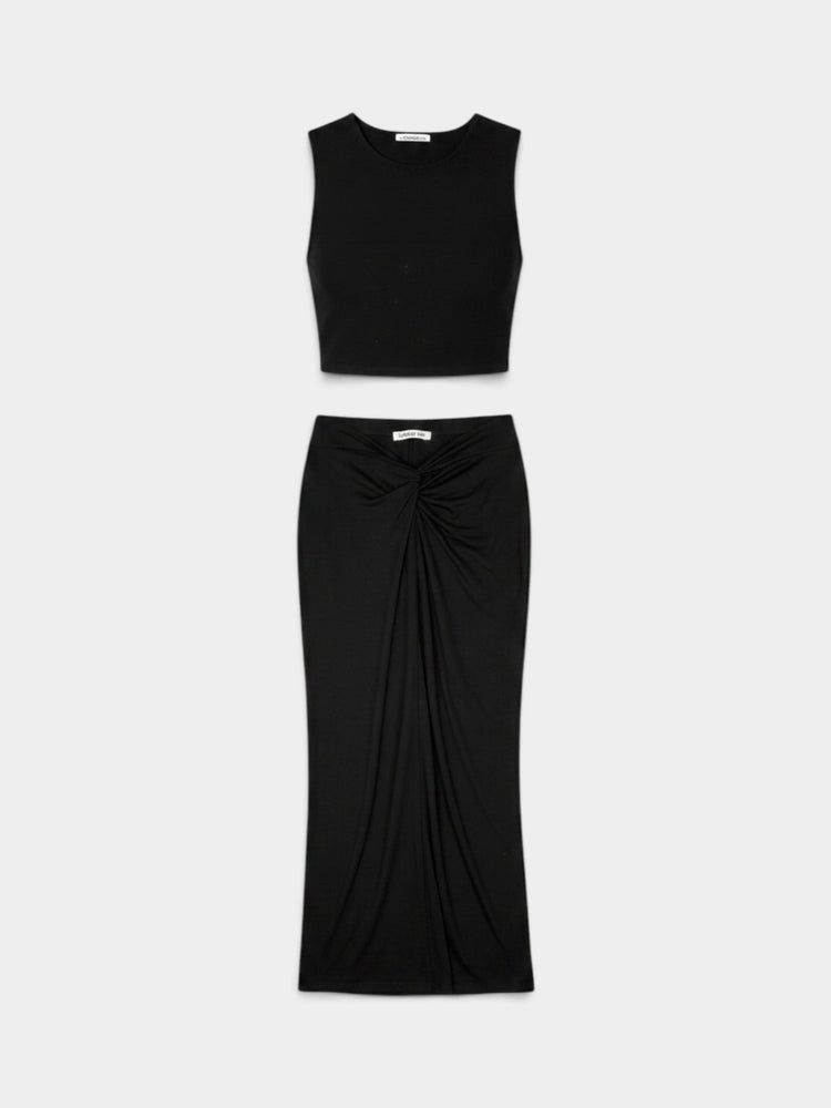 Black Crop Top & Twist-Knot Maxi Skirt Matching Set