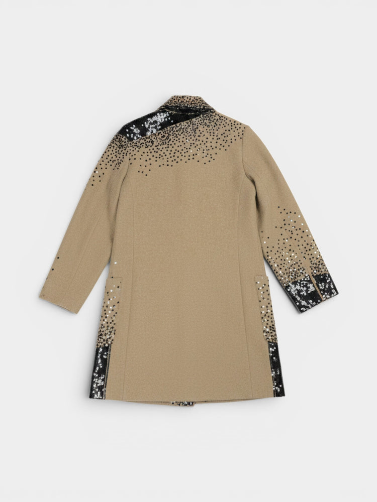 Beige Wool Sequin Embroidered Long Coat