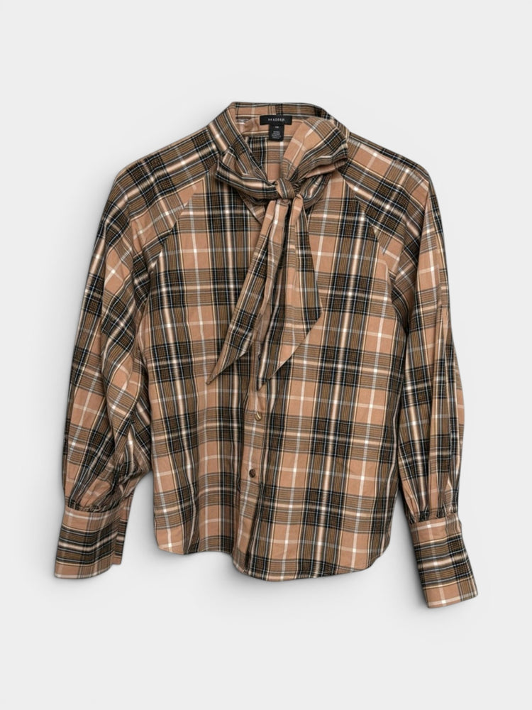 Plaid Tie-Neck Long-Sleeve Blouse