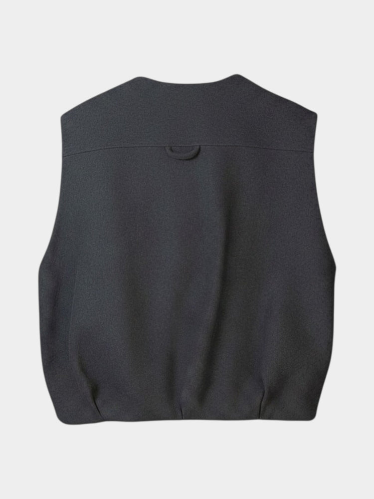 Gray Wool-Blend Cropped Zip-Front Vest with Flap Pockets