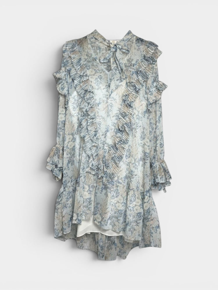 Blue Floral Chiffon Ruffle Mini Dress