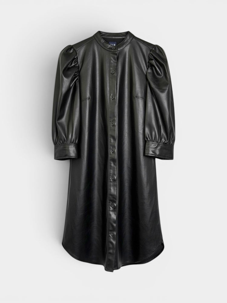 Black Faux Leather Puff Sleeve Midi Shirt Dress