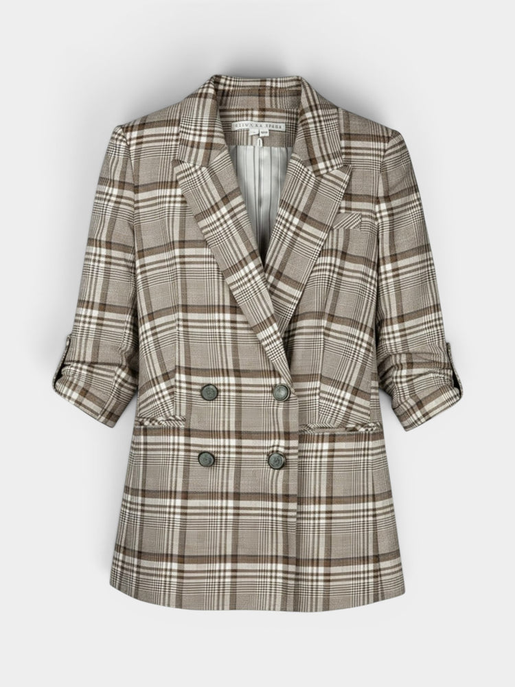 Beige Brown Plaid Double-Breasted Blazer