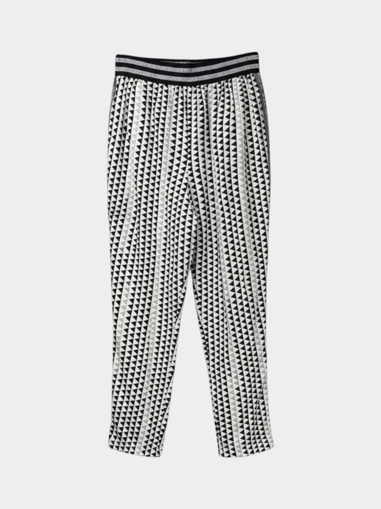 Black and White Geometric Print Cropped Pull-On Tapered Pants