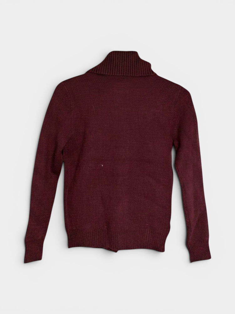 Burgundy Knit Cardigan with Gold-Tone Buttons and Patch Pockets