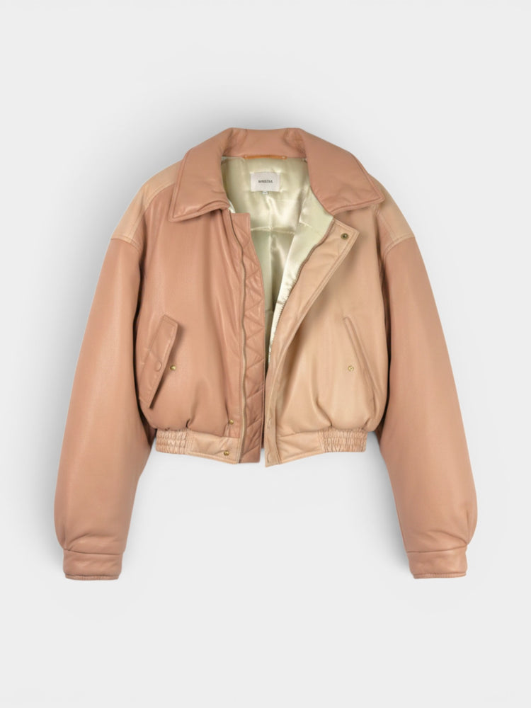 Light Pink Faux Leather Cropped Bomber Jacket