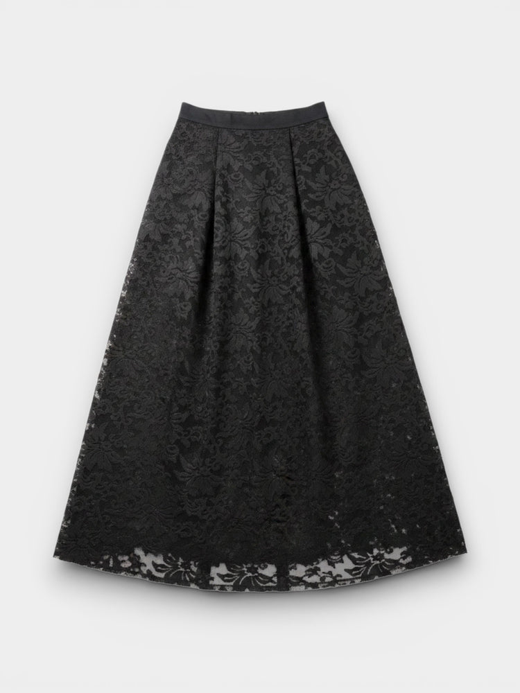 Black Floral Lace A-Line Midi Skirt