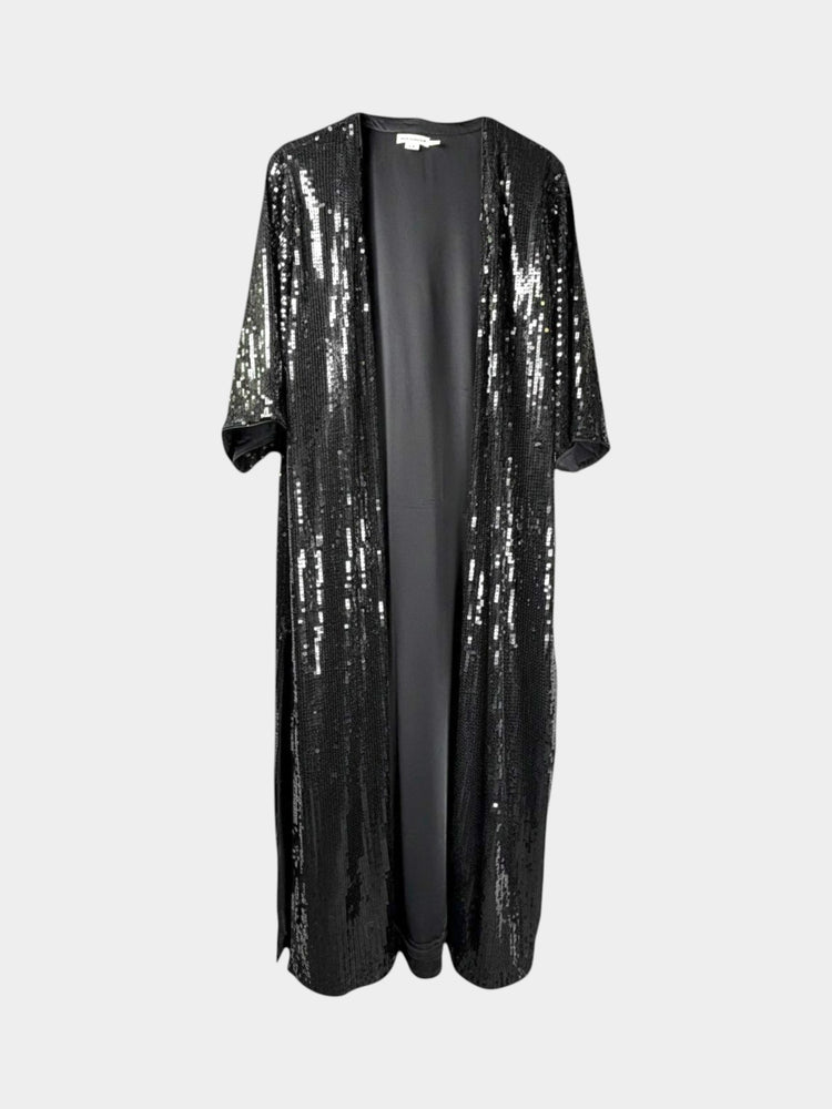 Black Silver Sequin Open-Front Maxi Duster Coat