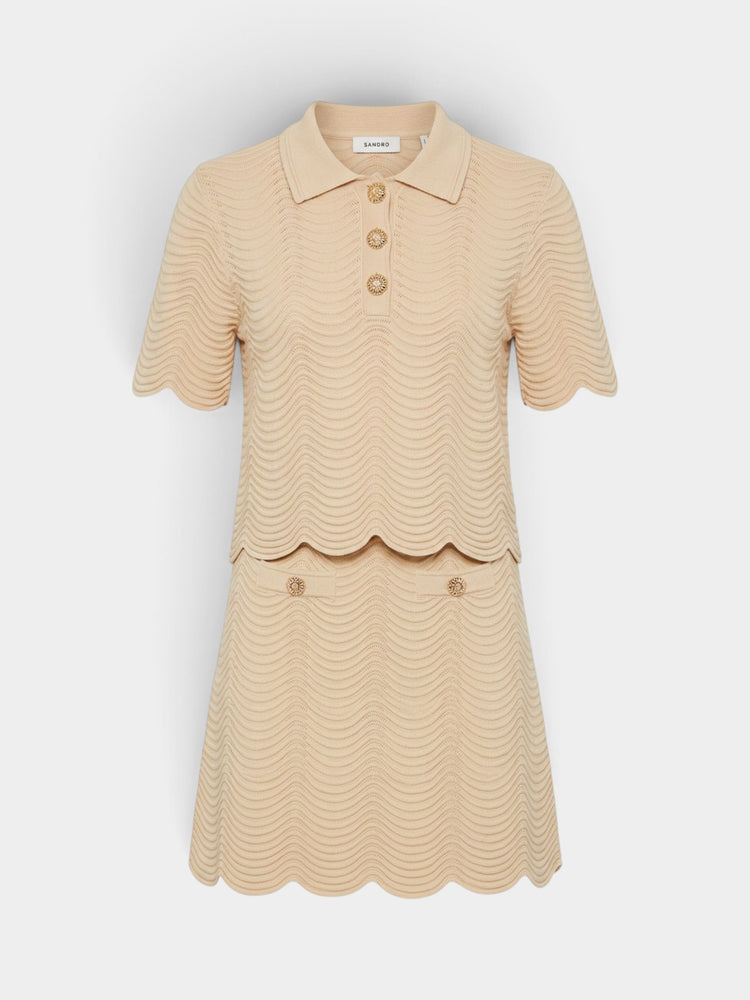 Ivory Wave Knit Polo Top and Mini Skirt Matching Set