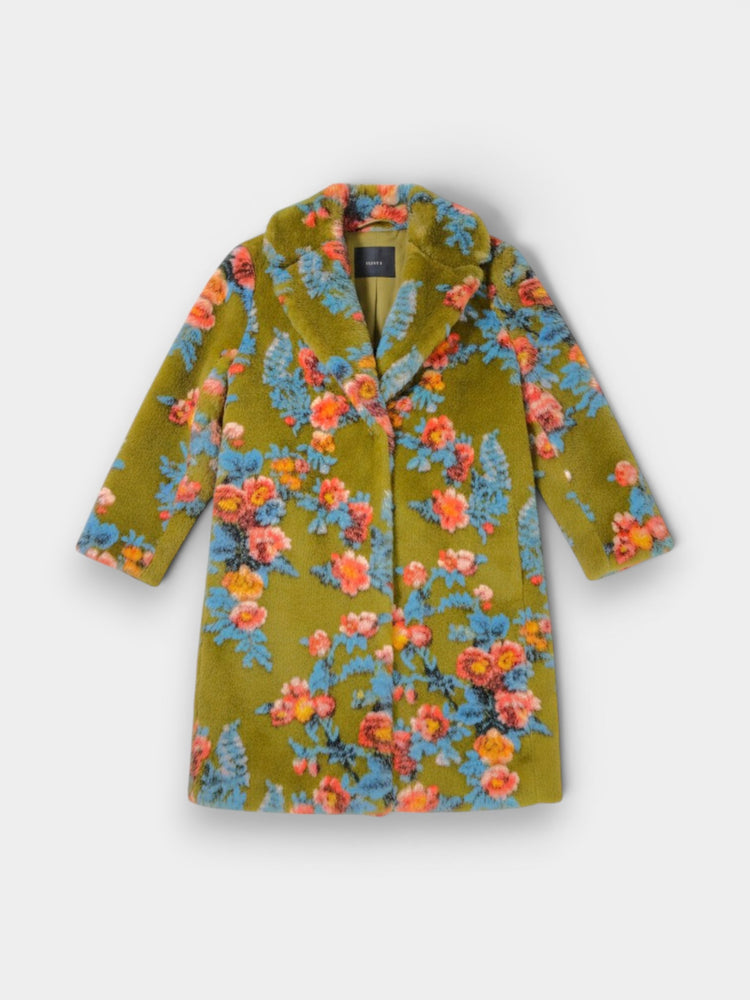 Uterqüe Olive Green Floral Faux Fur Longline Coat