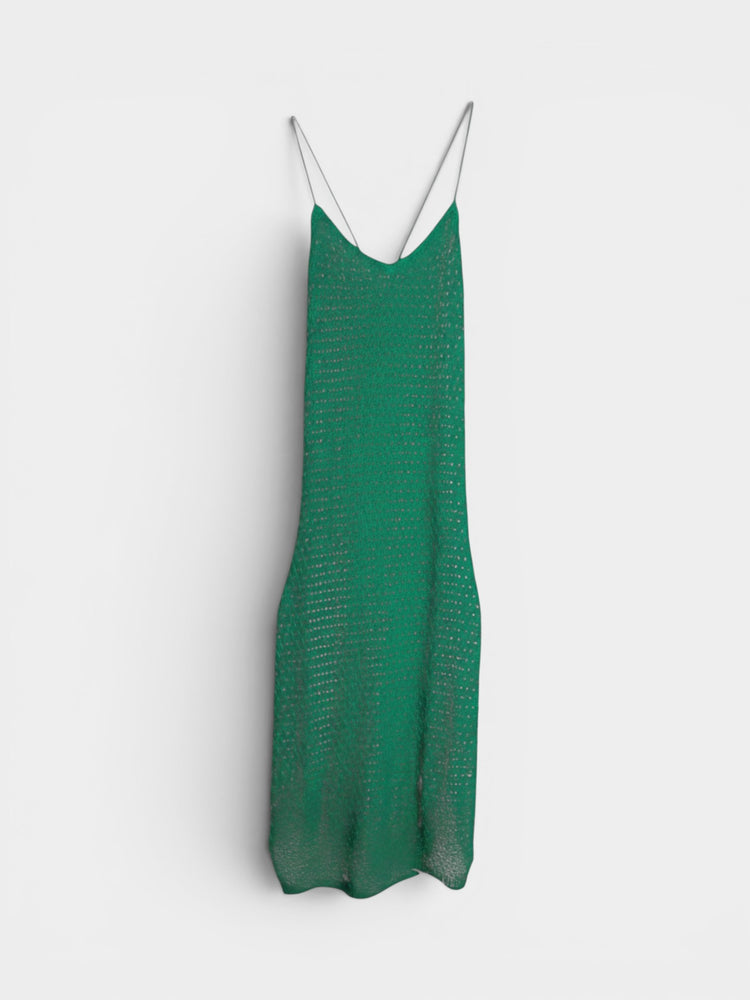 Emerald Green Open-Knit Midi Slip Dress with Tie Back