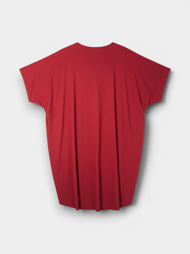 Crimson Red Oversized Batwing Graphic T-Shirt Dress Hi-Low Hem