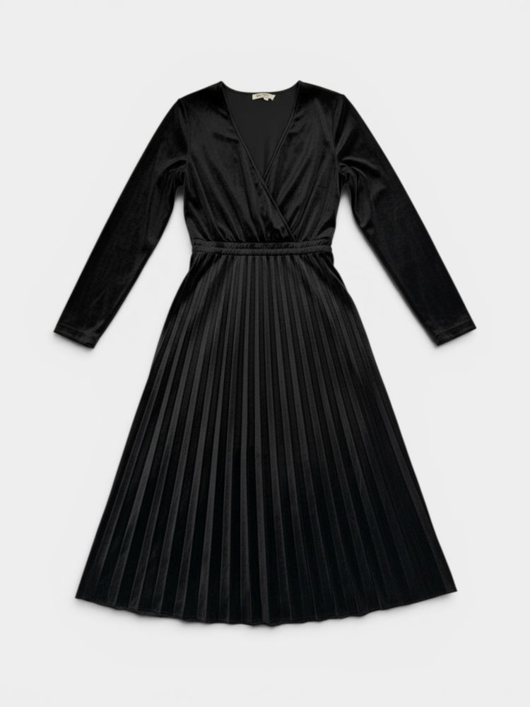 Black Velour Wrap V-Neck Pleated Midi Dress