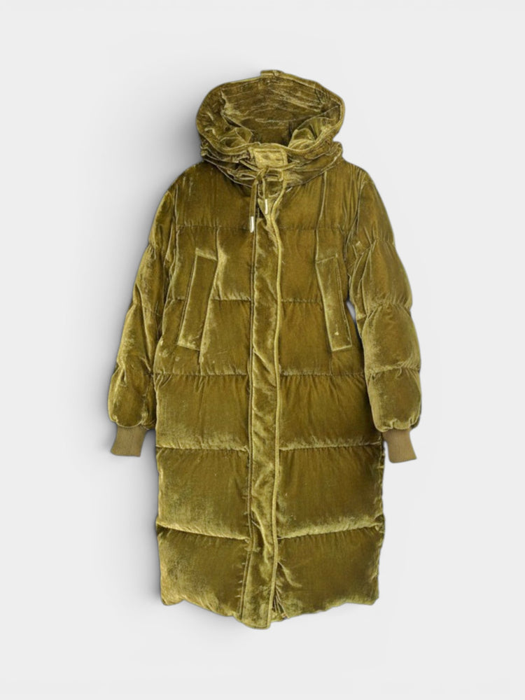 Olive Velvet Long Quilted Puffer Coat