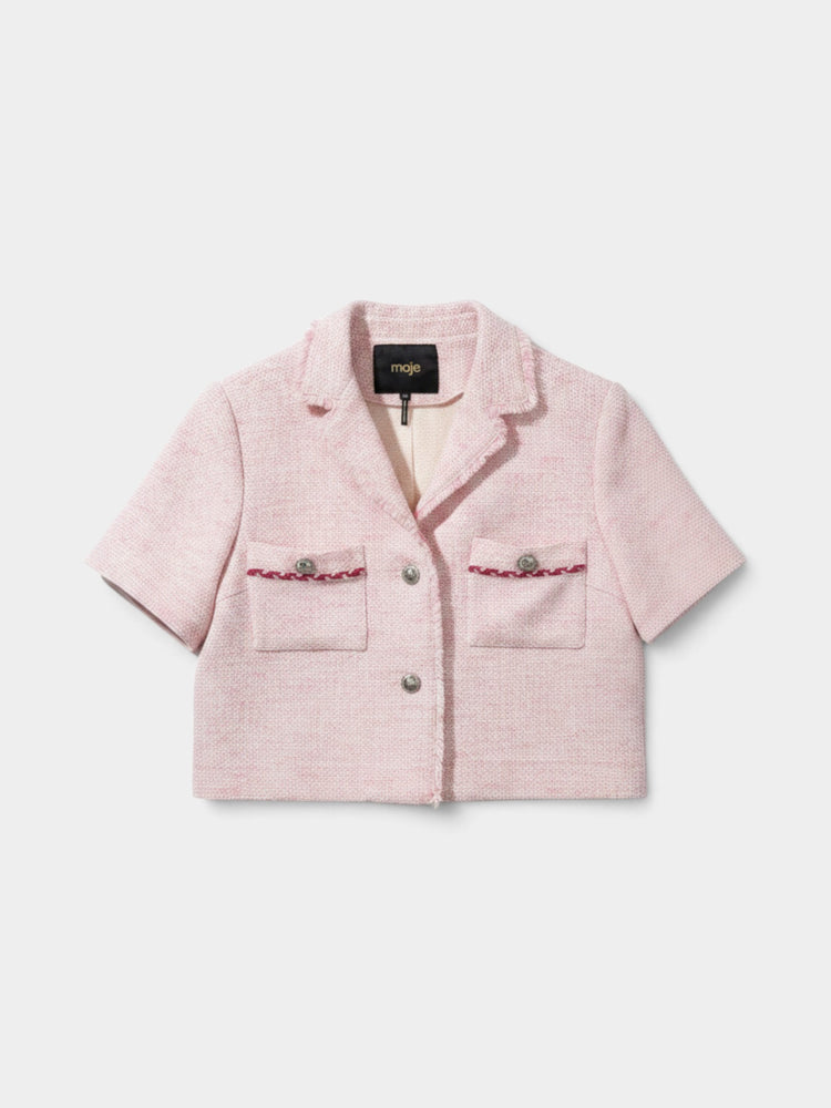 Pink Tweed Cropped Short-Sleeve Jacket