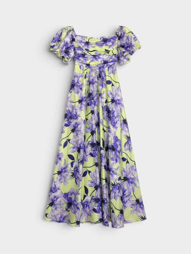 Lime Green Purple Floral Smocked Maxi Dress