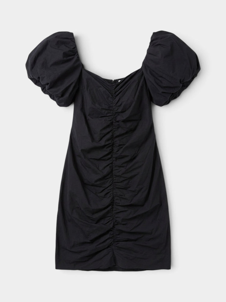 Black Puff Sleeve Ruched Midi Dress
