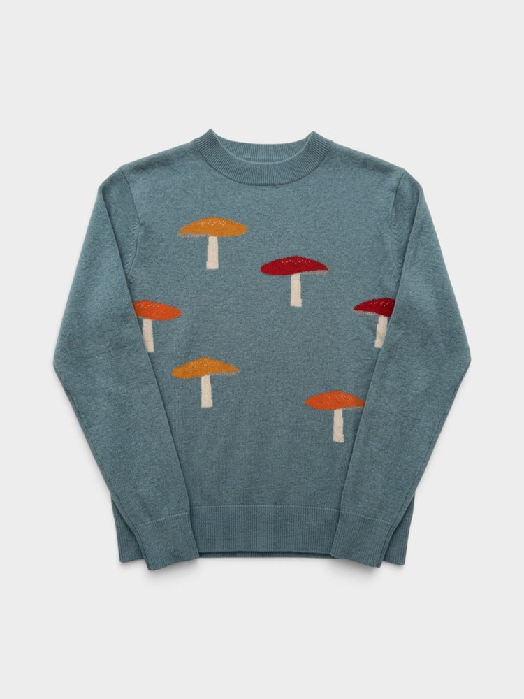 Teal Cashmere Mushroom Intarsia Crew Neck Sweater