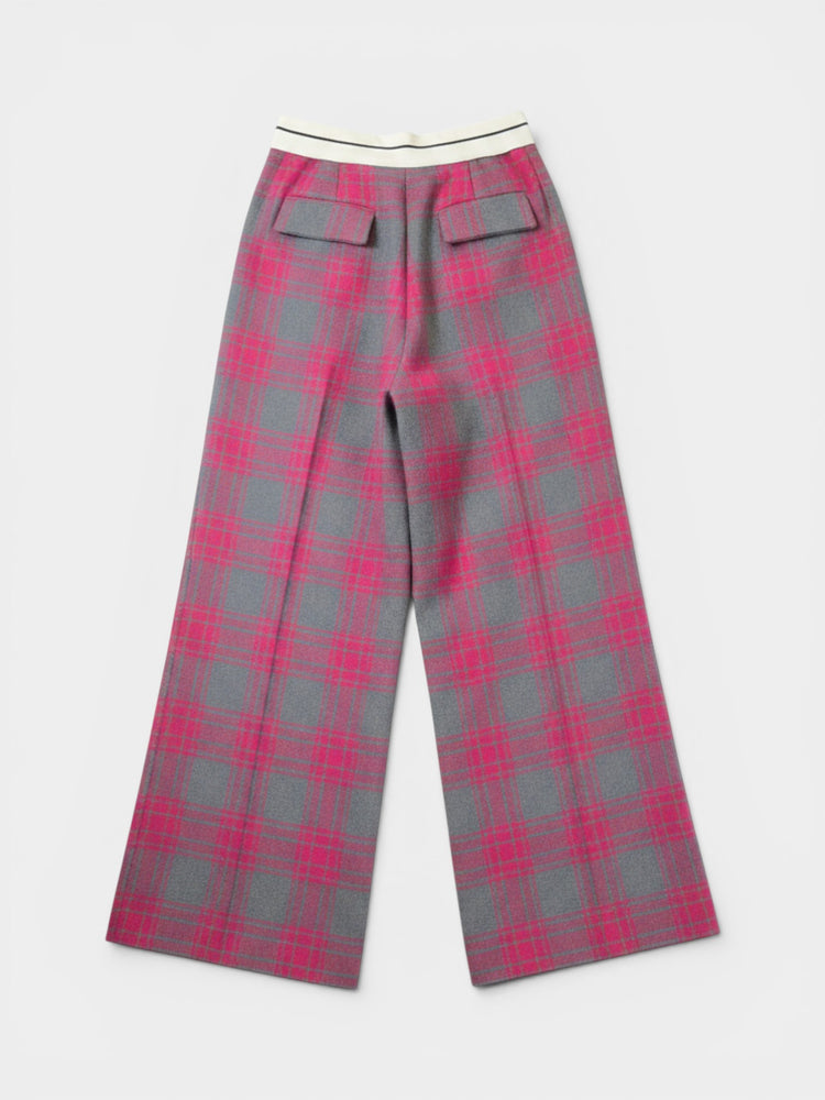Pink Gray Plaid Wide-Leg Wool Trousers
